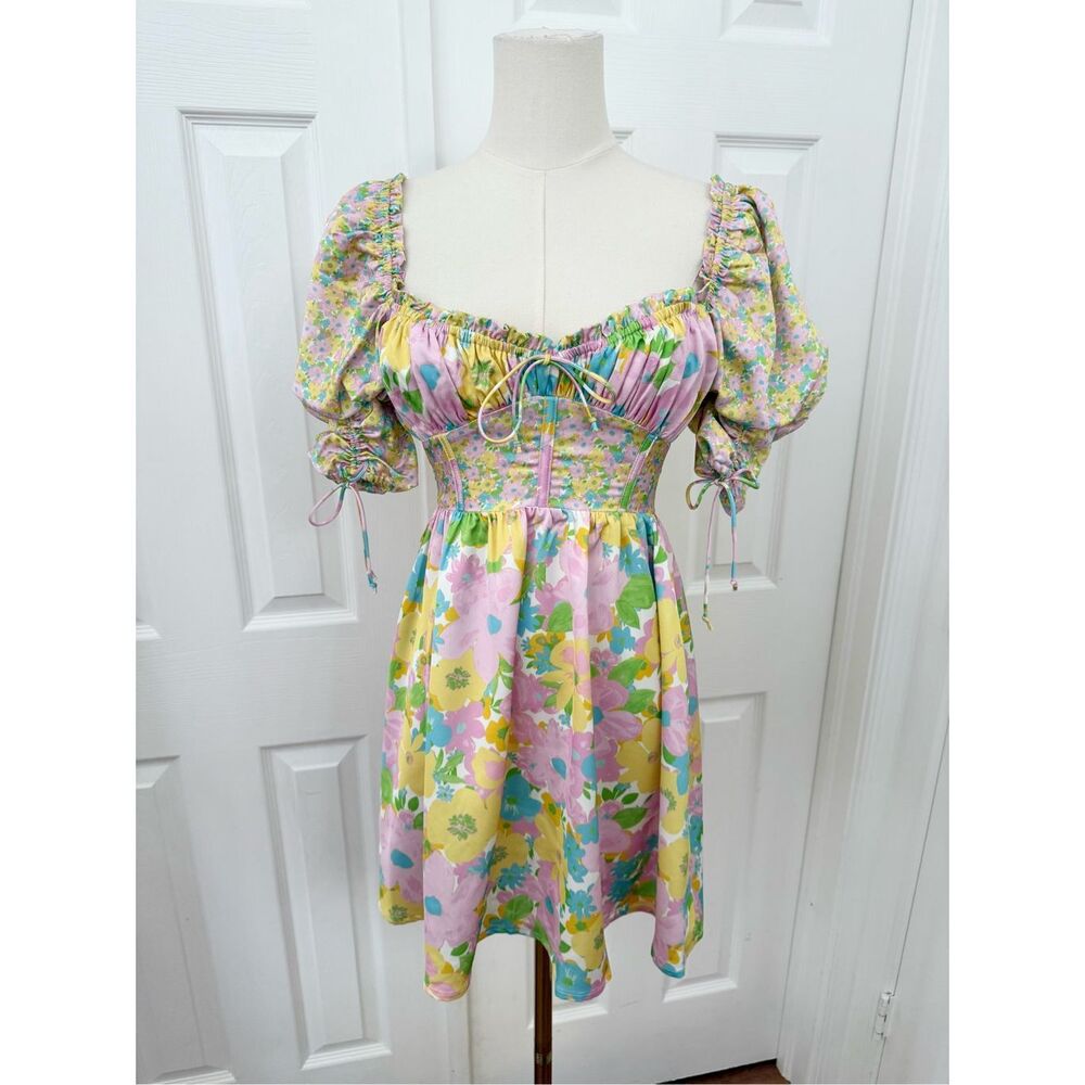 For Love & Lemons Multicolor Pastel Floral Mini Emily Peasant Dress XXS